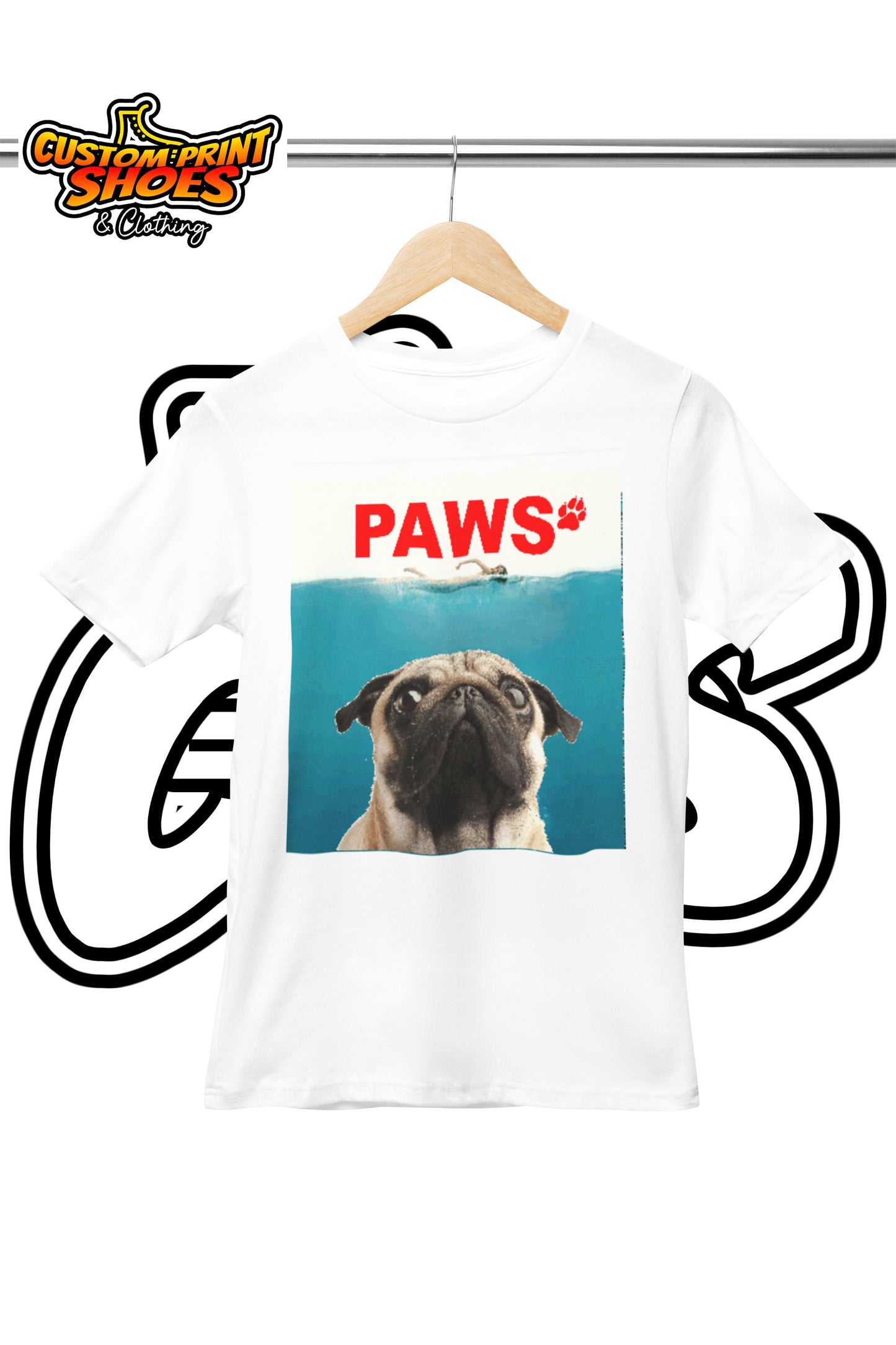 Custom Printed T-Shirt | Funny Jaws Style Comedy | Paws Pug | Personalised Novelty Gift