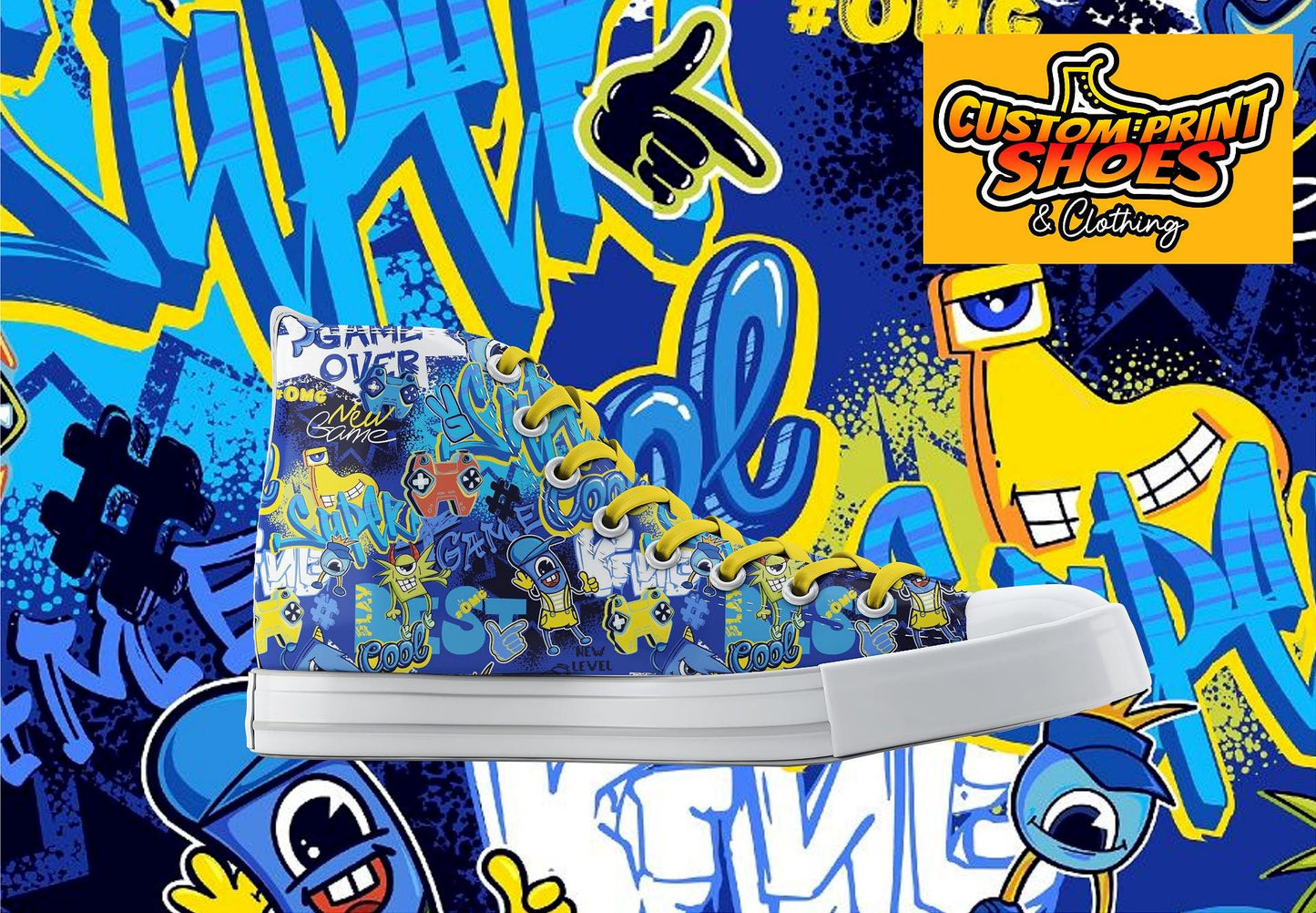 Custom Printed Converse Style Canvas Medium/High Top Trainers Shoes | Blue Graffiti Gamer | Art Lovers Personalised Gift