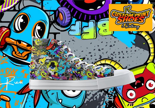 Custom Printed Converse Style Canvas Medium/High Top Trainers Shoes | Blue Graffiti Skateboard | Art Lovers Personalised Gift