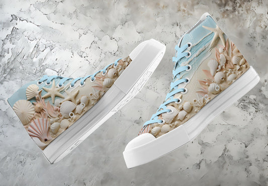 Custom Printed Converse Style Canvas Medium/High Top Trainers Shoes | Beach Sand & Shells | Art Lovers Personalised Gift