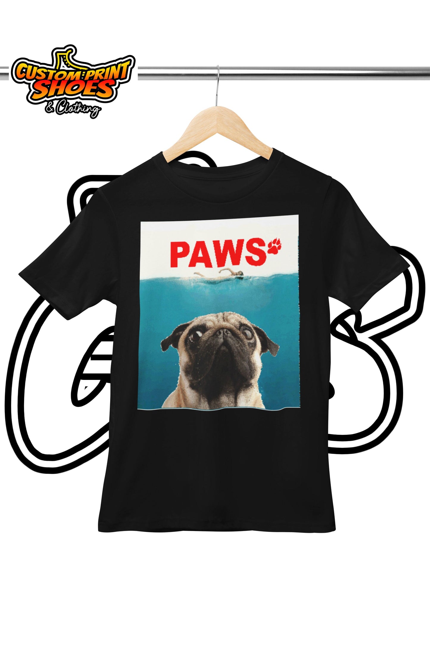 Custom Printed T-Shirt | Funny Jaws Style Comedy | Paws Pug |  Personalised Novelty Gift
