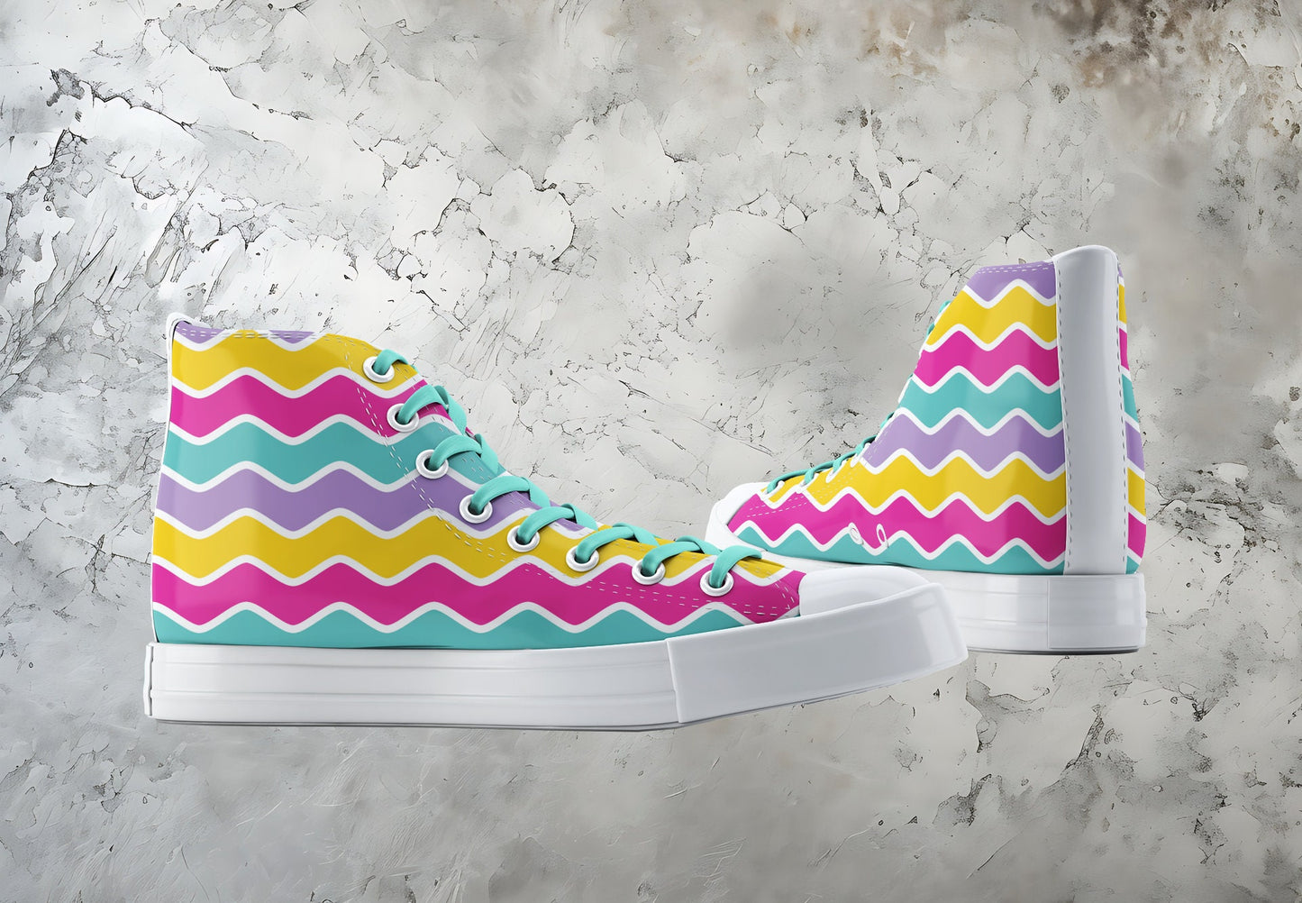 Custom Printed Converse Style Canvas Medium/High Top Trainers Shoes | Bright Wavy Pattern | Art Lovers Personalised Gift